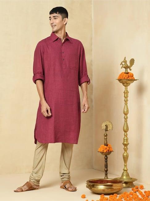 fabindia maroon linen regular fit pathani kurta