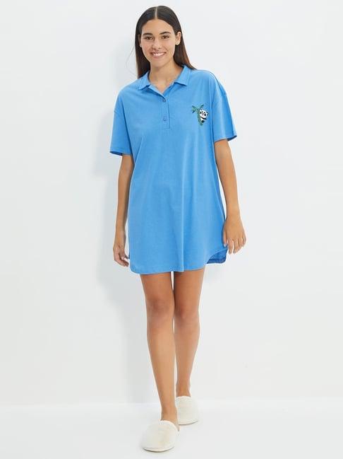 trendyol blue cotton embroidered a-line dress