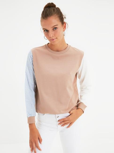 trendyol beige cotton striped sweatshirt