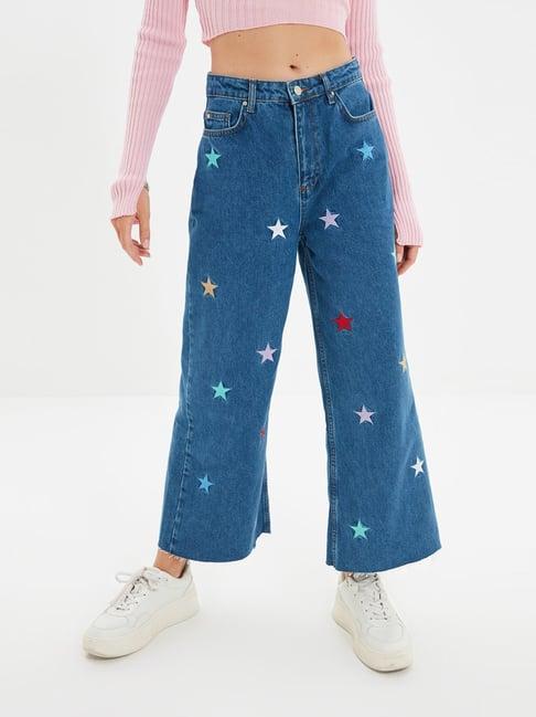 trendyol blue cotton embroidered jeans