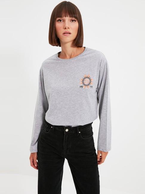 trendyol grey cotton printed t-shirt