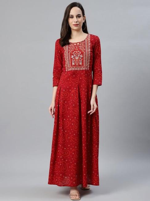 anubhutee red embroidered a line kurti