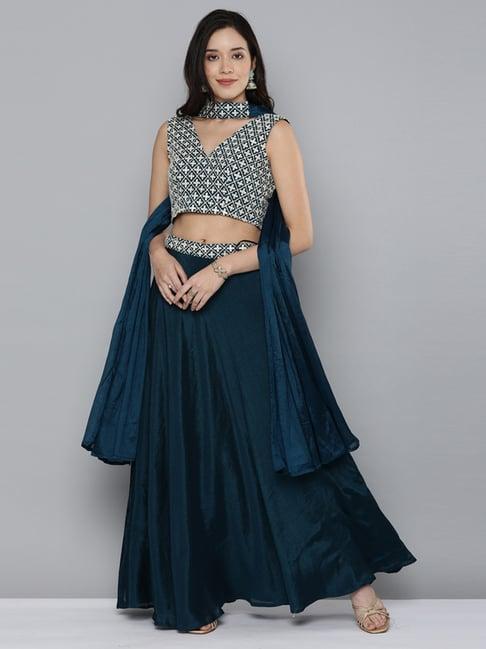 kvs fab teal blue embellished semi stitched lehenga choli set with dupatta