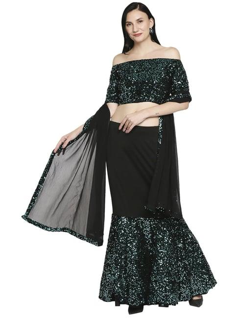 ira soleil green & black embellished top skirt set with dupatta