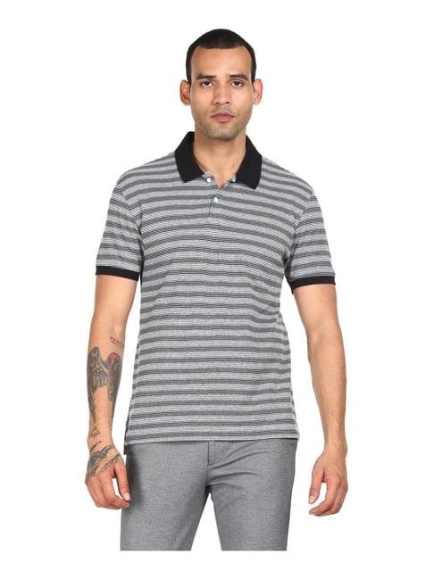 ad by arvind black & grey cotton regular fit striped polo t-shirt