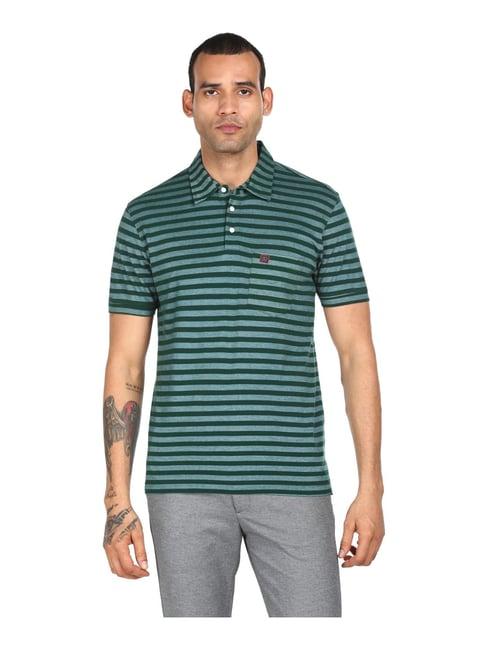 ad by arvind green cotton regular fit striped polo t-shirt