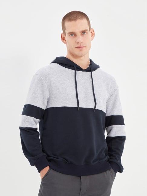 trendyol navy & grey regular fit colour block hooded sweatshirt