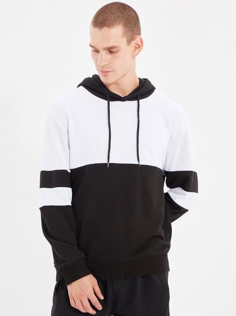 trendyol black & white regular fit colour block hooded sweatshirt