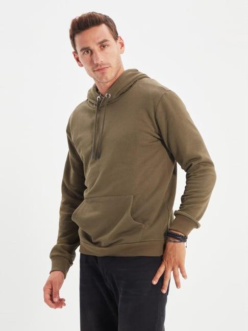 trendyol olive green regular fit printed hooded sweatshirt