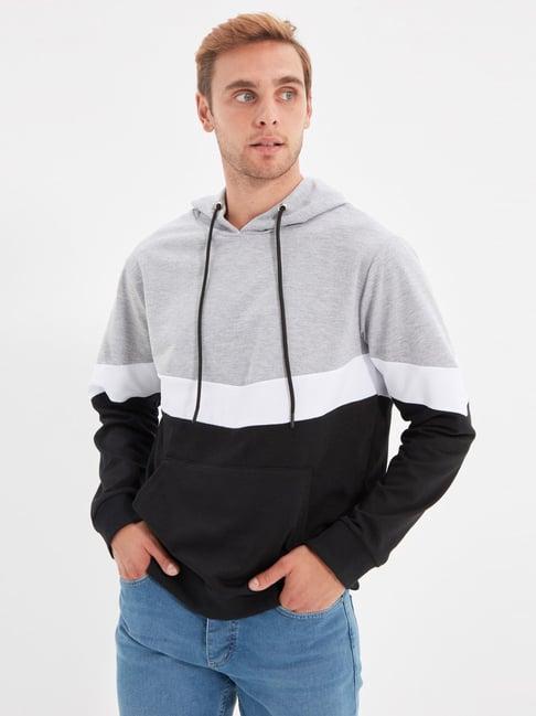 trendyol grey & black regular fit colour block hooded sweatshirt