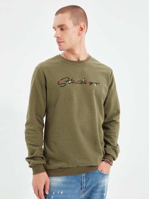 trendyol olive green cotton regular fit embroidered sweatshirt