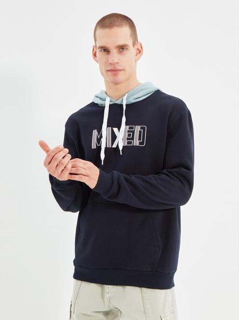 trendyol navy regular fit printed hooded sweatshirt