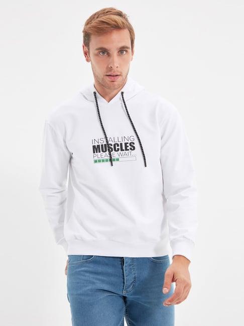 trendyol white regular fit printed hooded sweatshirt