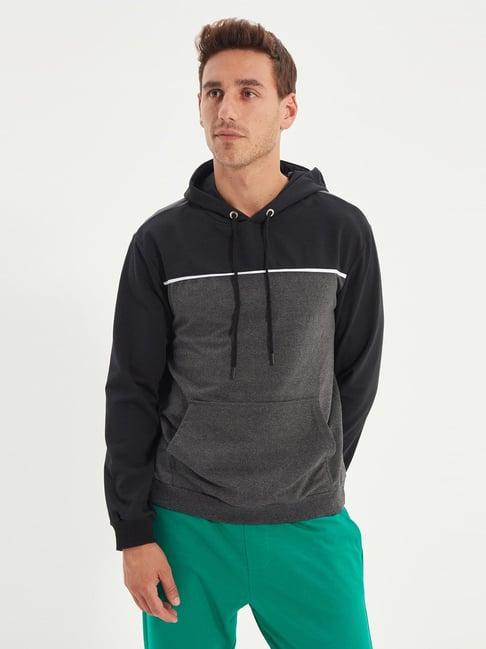 trendyol black & grey regular fit colour block hooded sweatshirt