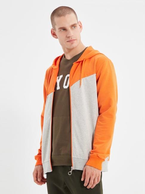 trendyol orange & grey regular fit colour block hooded sweatshirt