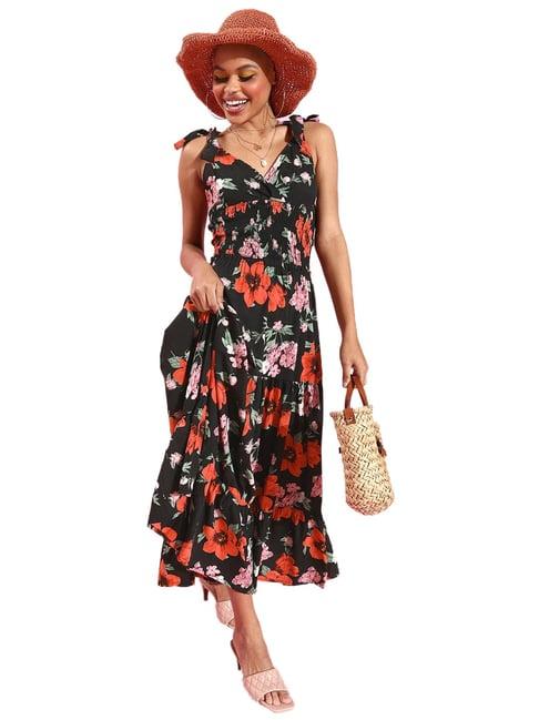 sera black floral print a-line dress