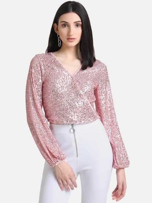 kazo light pink embellished v neck top