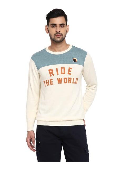 royal enfield cream & blue graphic print sweater