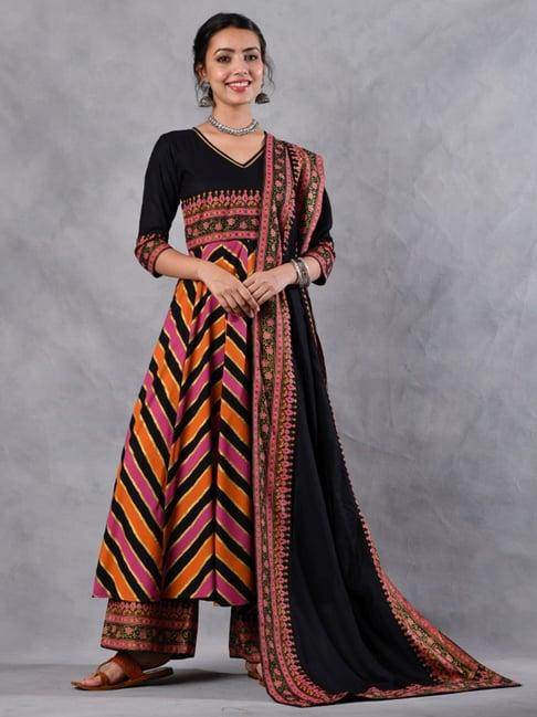 rustorange black & pink printed kurta palazzo set with dupatta