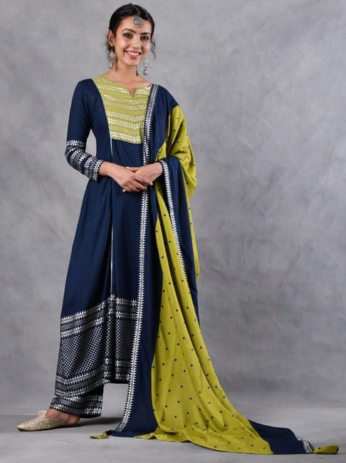 rustorange blue & olive green printed kurta pant set with dupatta