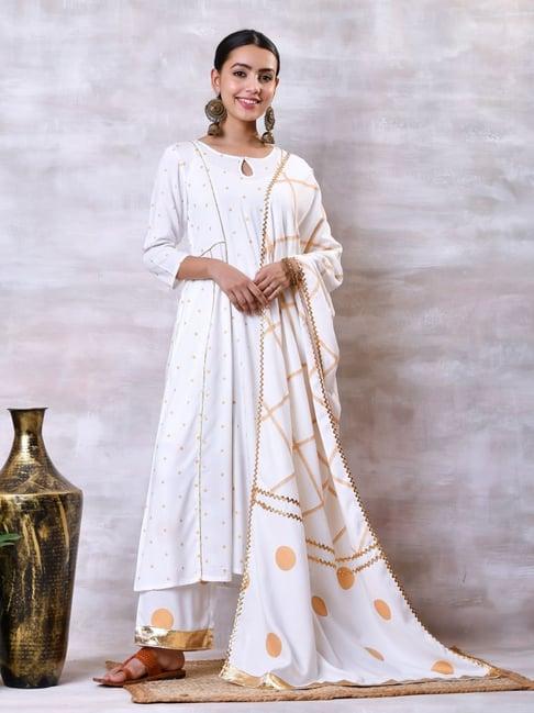 rustorange off white & gold polka dots kurta palazzo set with dupatta