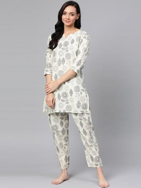 anubhutee off-white cotton printed kurti pyjama set