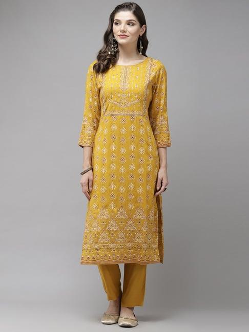 anubhutee mustard embellished kurta pant set