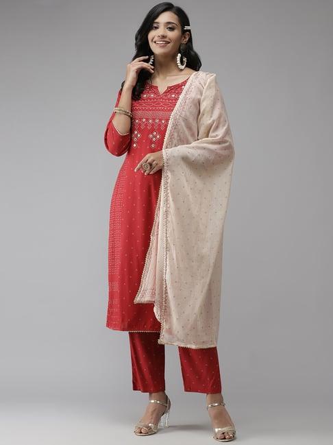 anubhutee red embellished kurta pant set