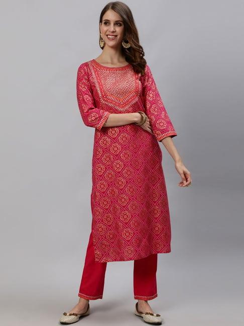 anubhutee pink cotton embroidered kurta pant set