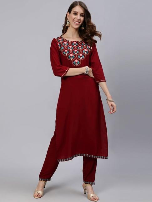 anubhutee maroon embroidered kurta pant set