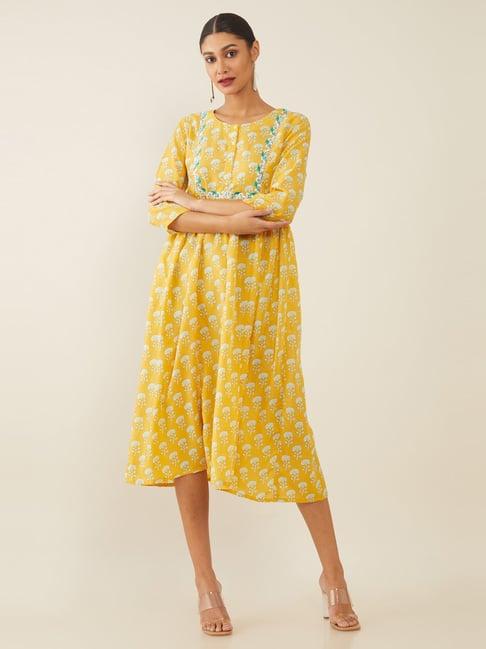 soch yellow & white embellished a-line dress