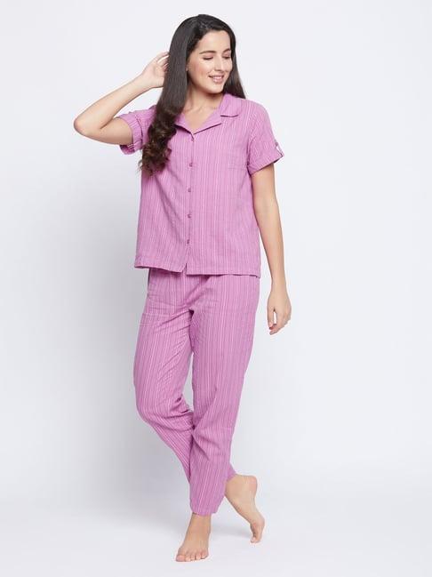 clovia purple striped shirt pyjama set