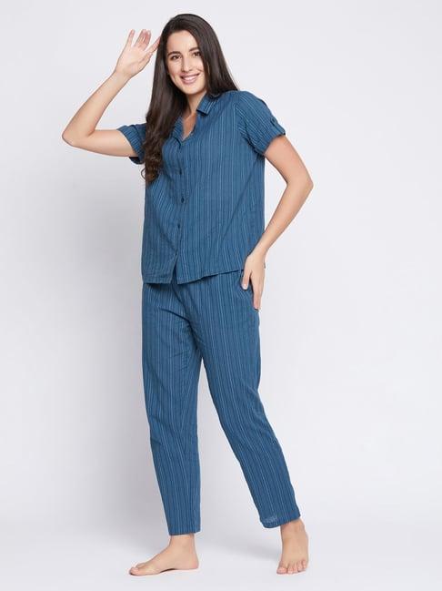 clovia blue striped shirt pyjama set