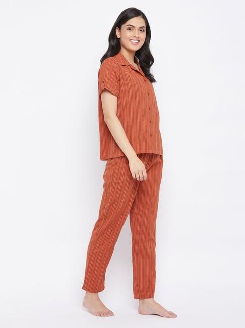 clovia brown striped shirt pyjama set