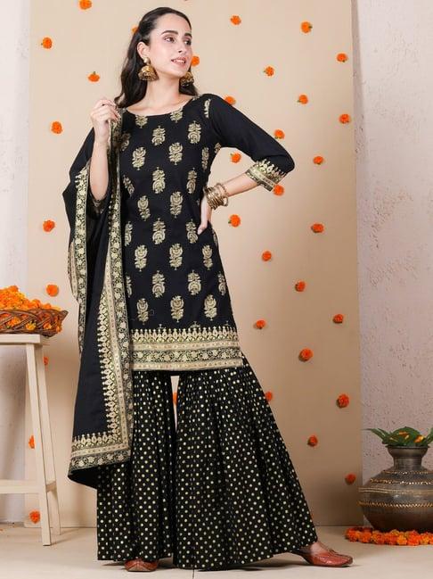 rustorange black printed printed kurti sharara set with dupatta