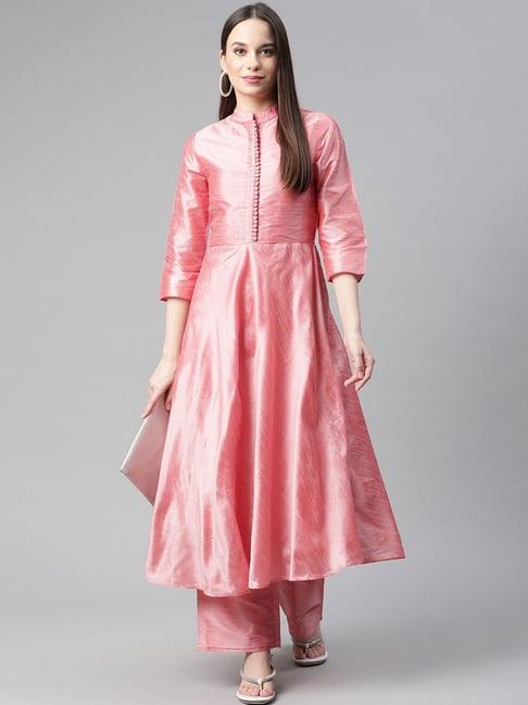 cottinfab pink textured silk blend kurta with pants