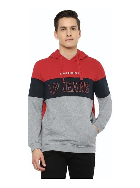 louis philippe jeans grey & red cotton regular fit logo printed hooded sweatshirt