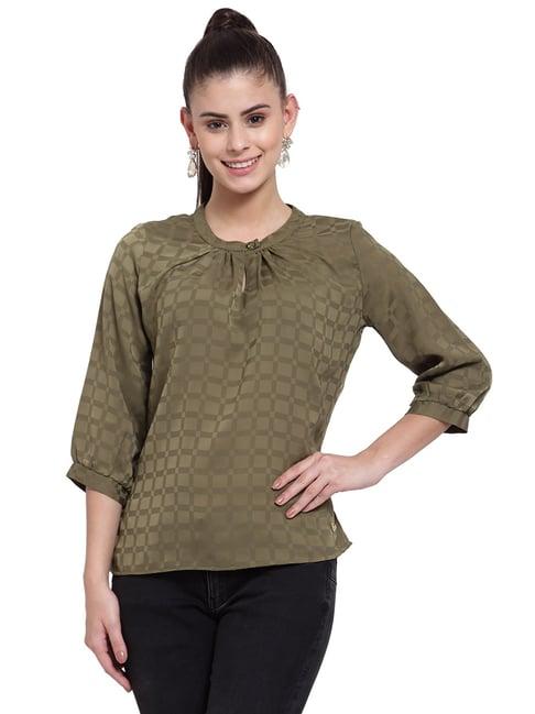 juelle olive check round neck a-line top