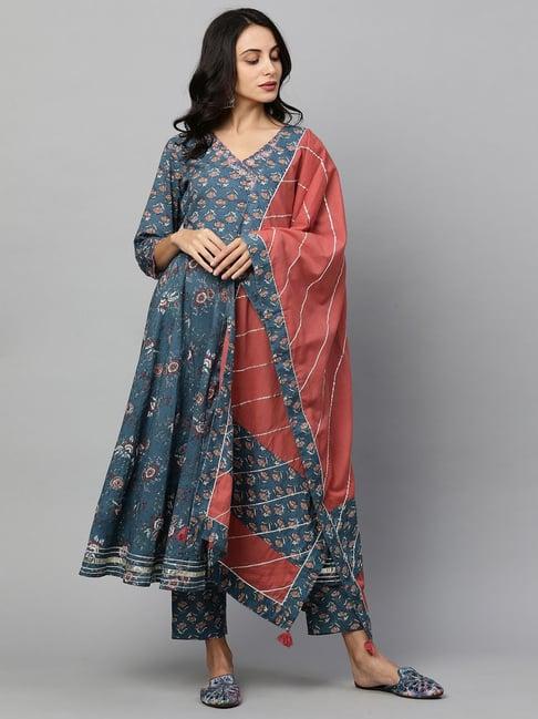 fashor blue & pink cotton printed kurta pants set with dupatta