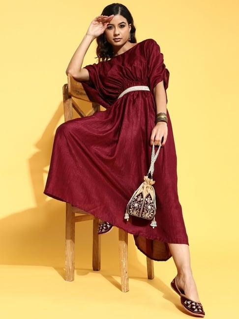 indo era maroon a-line dress with belt