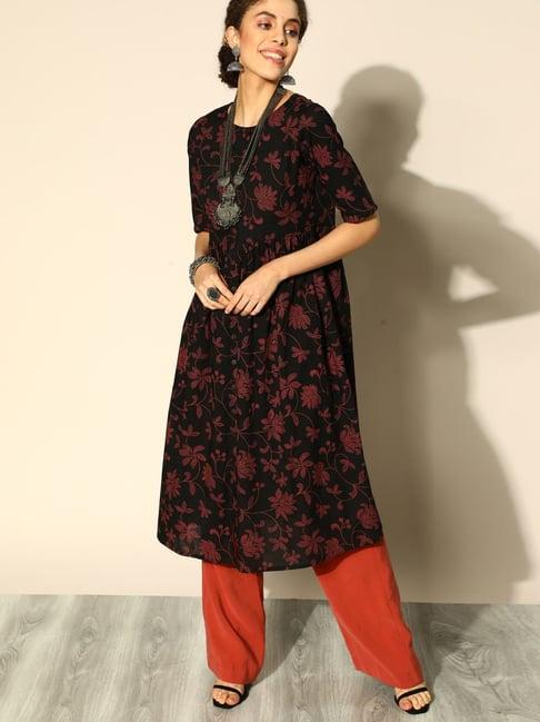 indo era black cotton printed a line kurta