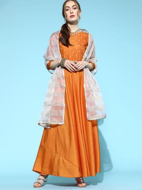 indo era orange embroidered anarkali kurta with dupatta & belt