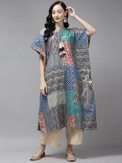 indo era blue & grey printed straight kurta