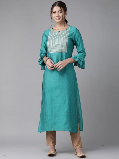 indo era green embroidered straight kurta