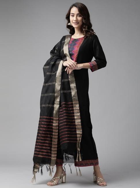 indo era black woven pattern kurta palazzo set with dupatta