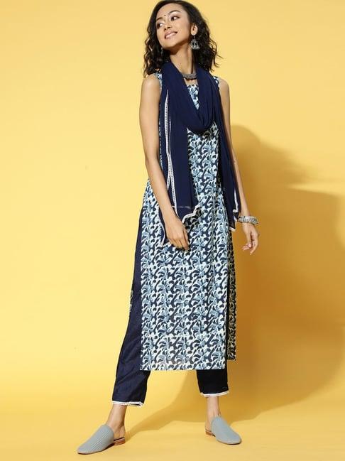 indo era navy printed kurta pant set with dupatta