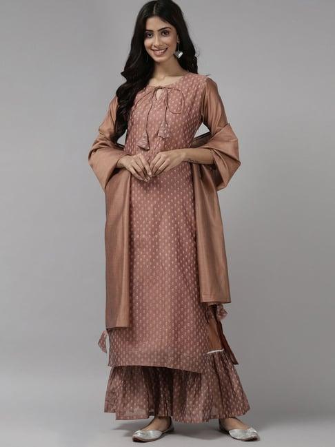 indo era brown printed kurta sharara set with dupatta