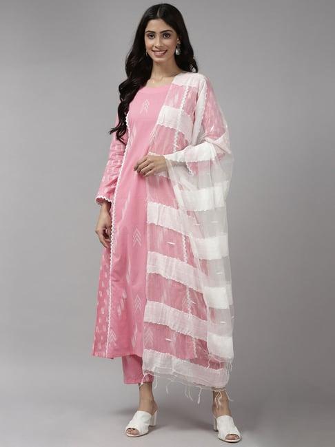 indo era pink printed kurta pant set with dupatta