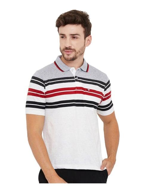 neva grey & white cotton regular fit striped polo t-shirt