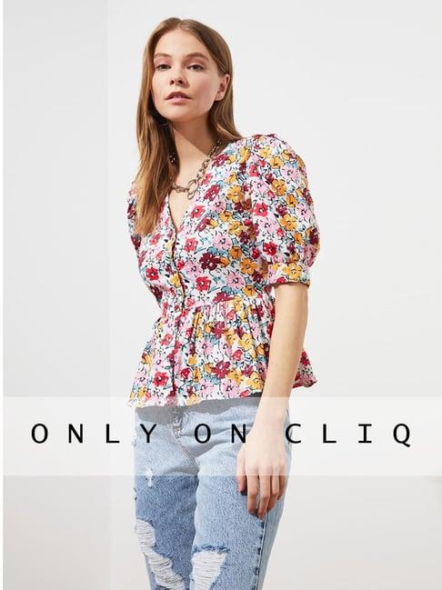 trendyol blue & pink floral print shirt